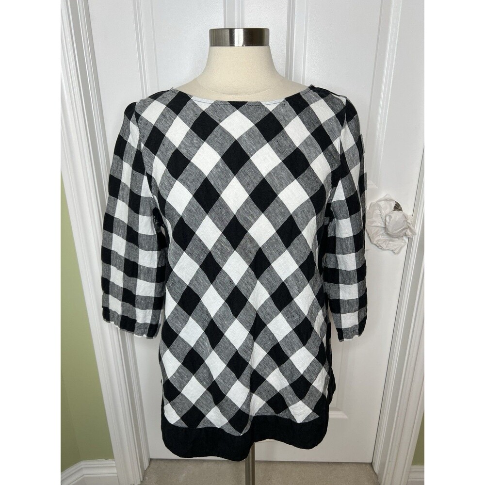 J Jill Love Linen Size L Tunic Top Black & White Plaid Casual Preppy Resort
